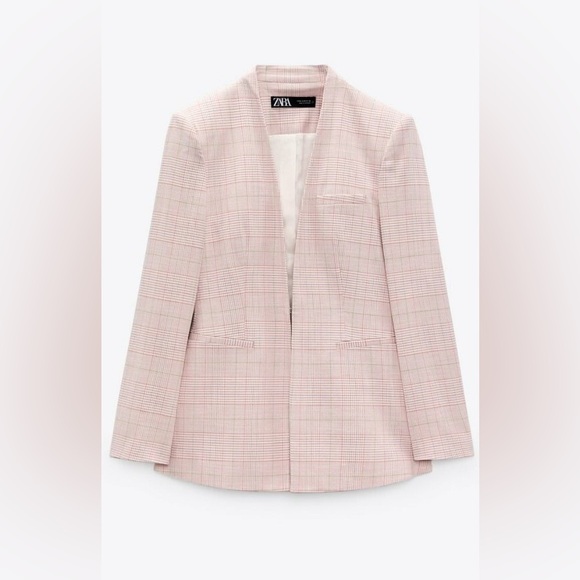 Zara Jackets & Blazers - Zara Petal Pink Checkered Plaid Open Front Jacket Blazer Sm Easter Office Pastel